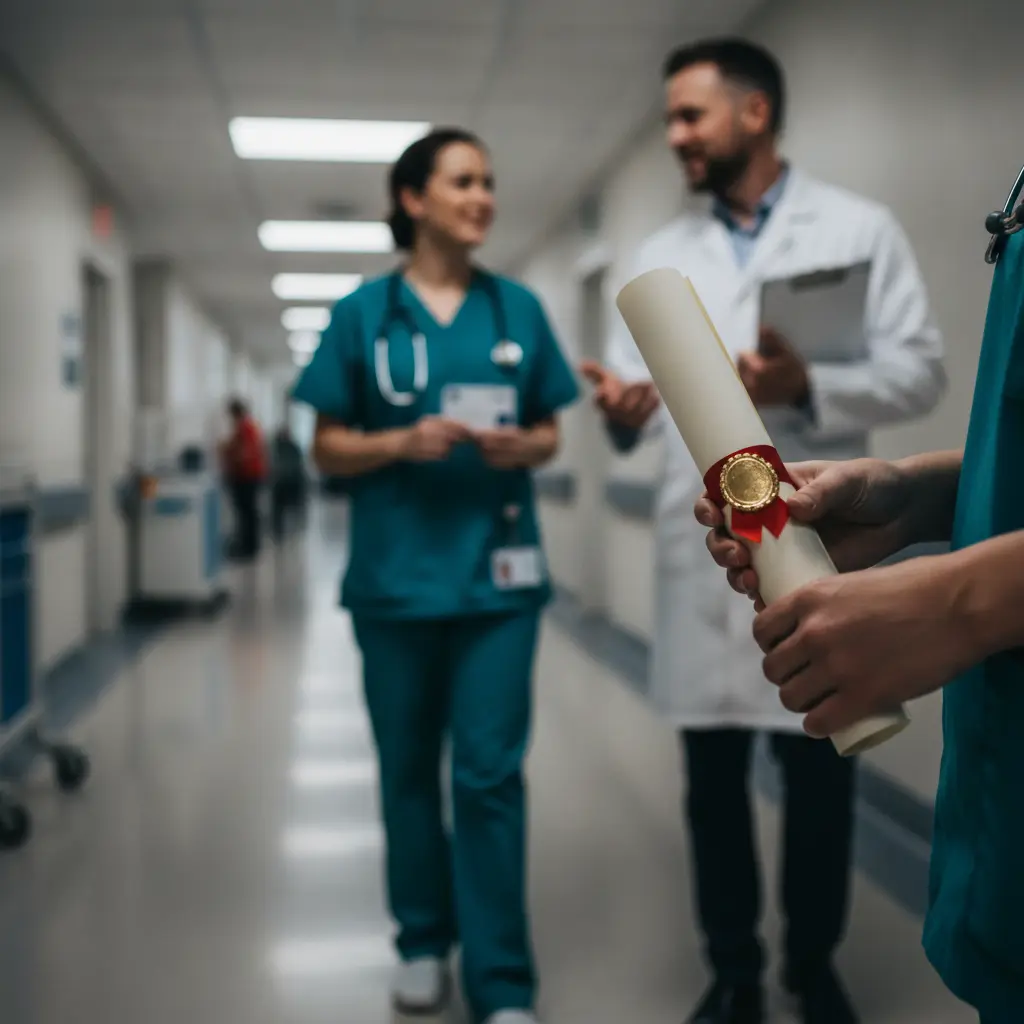 Profissionais de saúde em corredor hospitalar mostrando diferentes diplomas e certificados, sem textos na imagem.