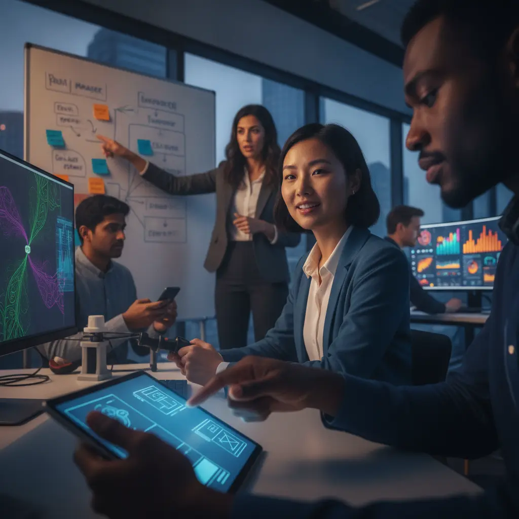 Profissionais de tecnologia (Produto, UX, QA e Dados) em ambiente real trabalhando com protótipos, testes e dashboards sem texto legível.