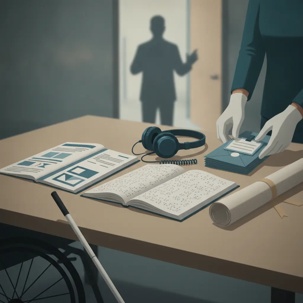 Ilustração editorial de mesa com materiais de acessibilidade para provas: prova em letra ampliada, caderno em braille, fones assistivos, bengala e roda de cadeira de rodas, mãos organizando os itens.