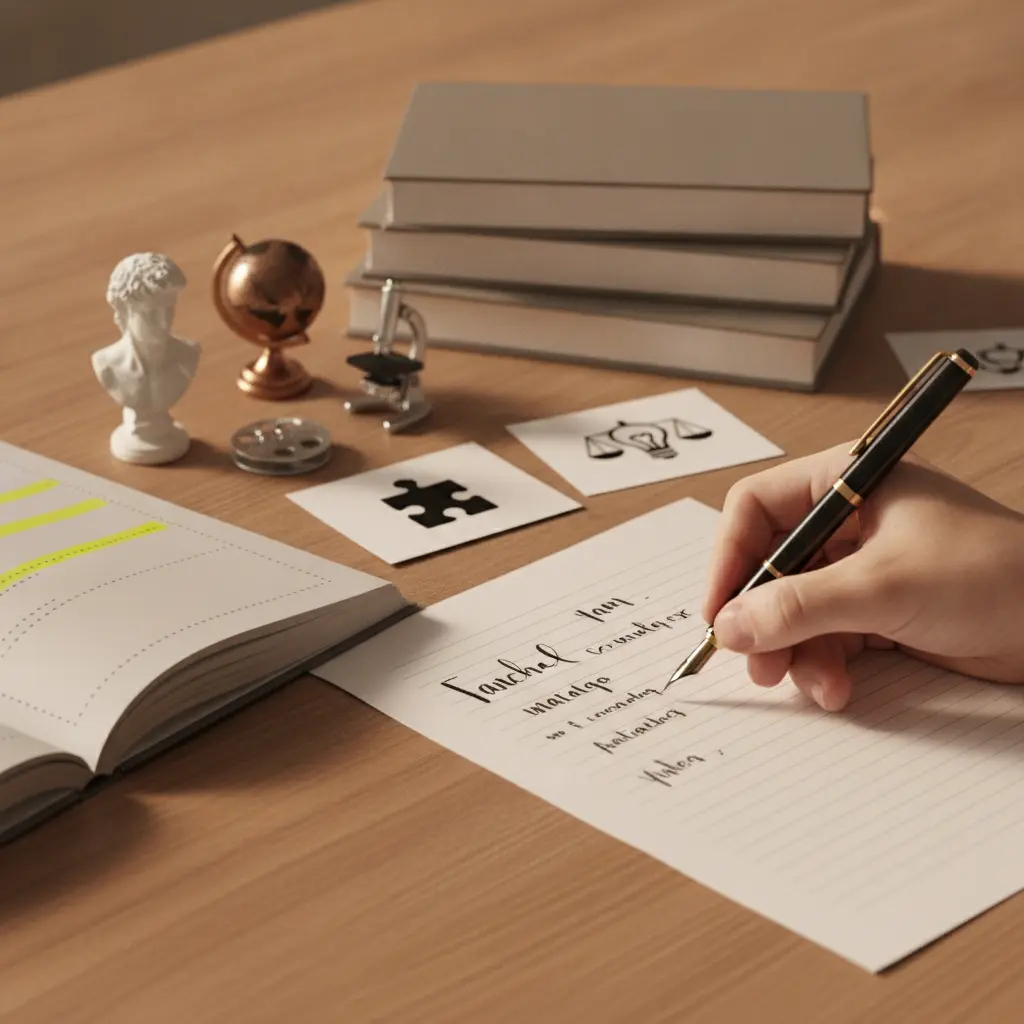 Mão escrevendo rascunho de redação em caderno, ao lado guia de estudo aberto e cartões com símbolos (busto, globo, microscópio), caneta-tinteiro e pilha de livros, iluminação cinematográfica.