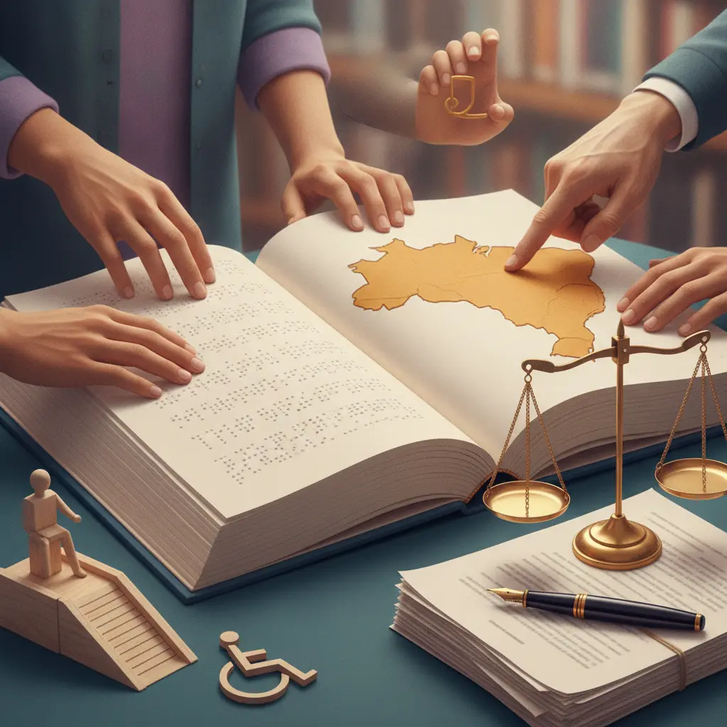 Ilustração editorial de mãos diversas lendo um livro em Braille e mapa em relevo do Brasil, com símbolos de acessibilidade e balança da justiça ao fundo.