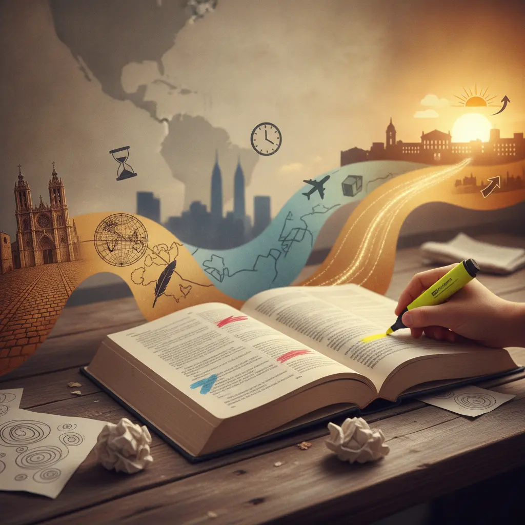 Ilustração editorial de um livro de gramática em espanhol cujas páginas viram uma linha do tempo com cenas do passado, presente e futuro, ícones de tempos verbais e uma mão sublinhando trechos (sem texto).
