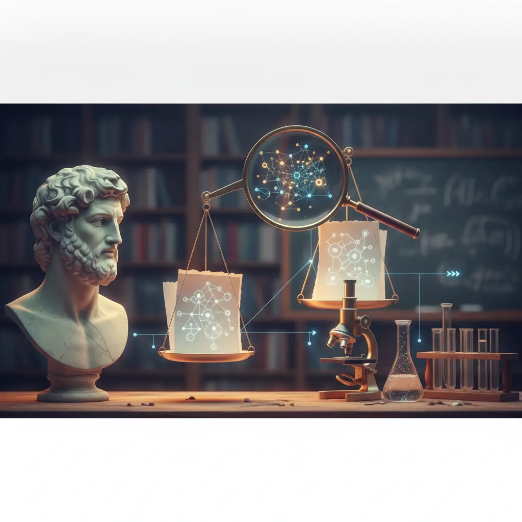 Ilustração editorial mostrando um busto filosófico, instrumentos científicos e uma balança conectando teoria e evidência.
