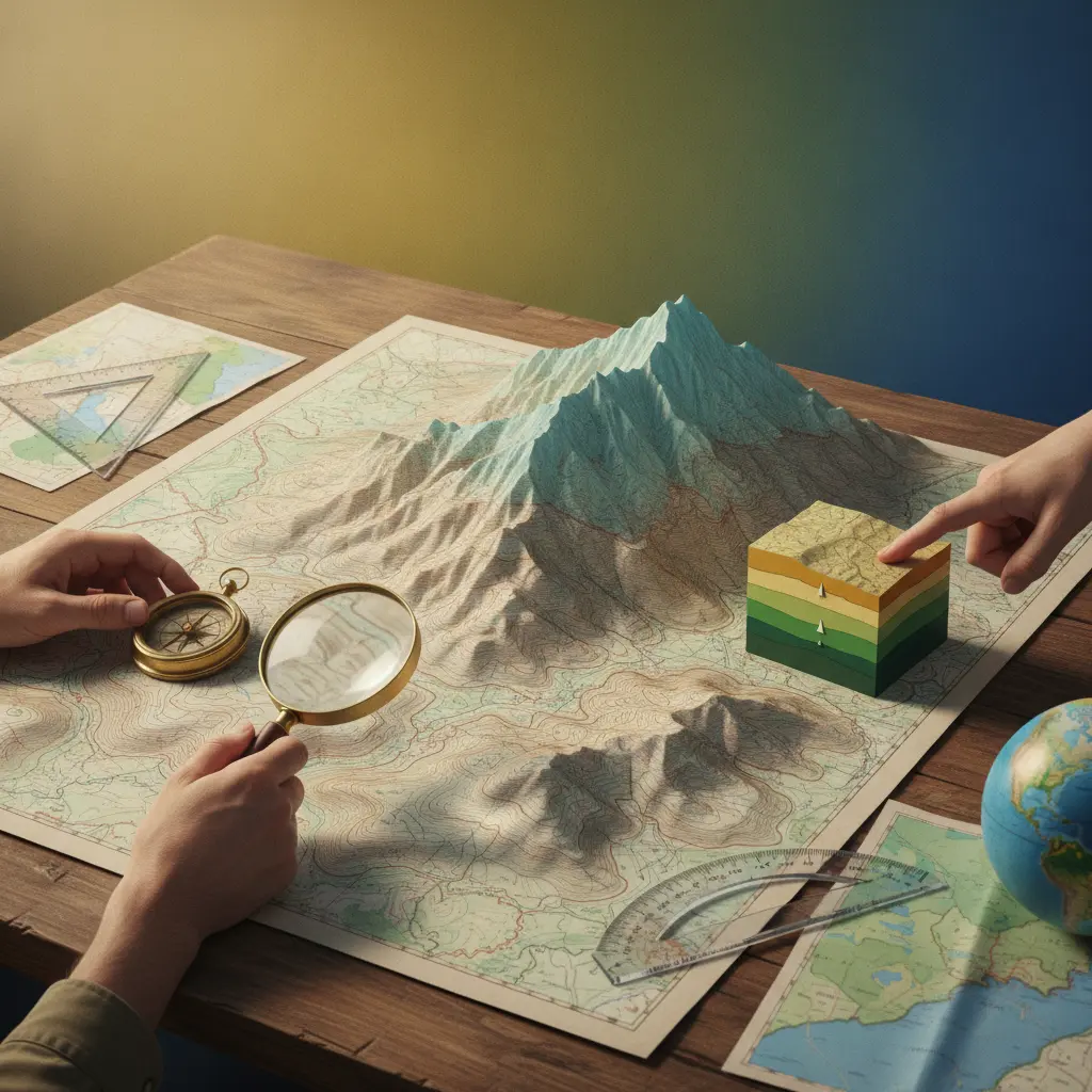 Mapa topográfico com curvas de nível sem números, modelo 3D do relevo alinhado às curvas, mãos com bússola e lupa e um perfil de declividade colorido.