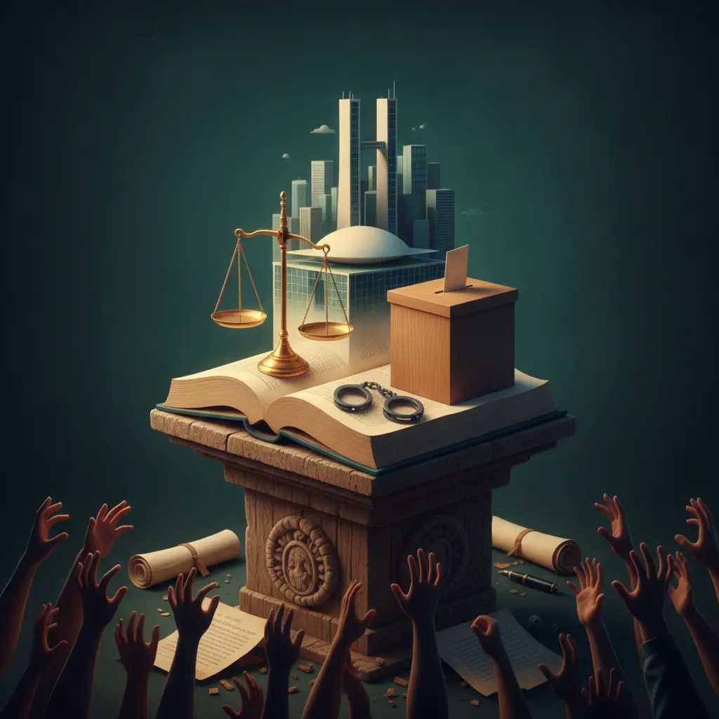 Ilustração editorial de livro aberto cujas páginas formam o Congresso Nacional, com balança da justiça, urna, algemas quebradas e mãos em silhueta representando direitos e cidadania.