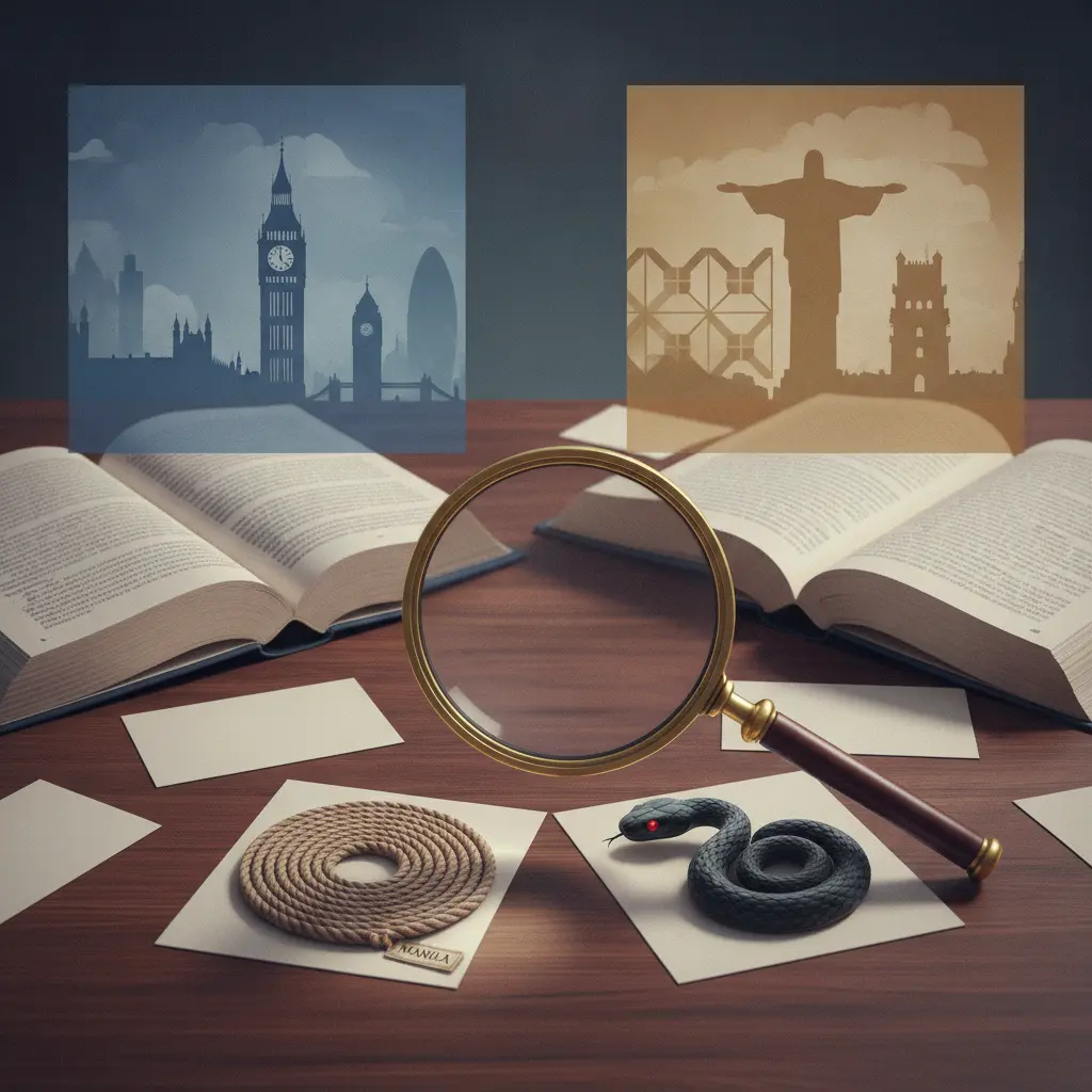 Ilustração editorial: livros, lupa e pares de objetos semelhantes que revelam diferenças entre símbolos ingleses e brasileiros, representando falsos cognatos.