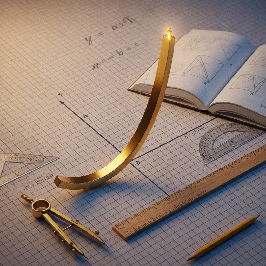 Ilustração editorial de uma parábola 3D sobre grade, com o vértice destacado por um pino dourado e instrumentos matemáticos ao redor.