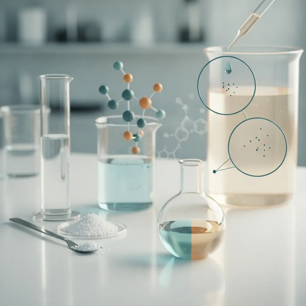 Ilustração editorial de bancada de química com frascos e símbolos visuais representando g/L, mol/L, %, e ppm, sem texto.