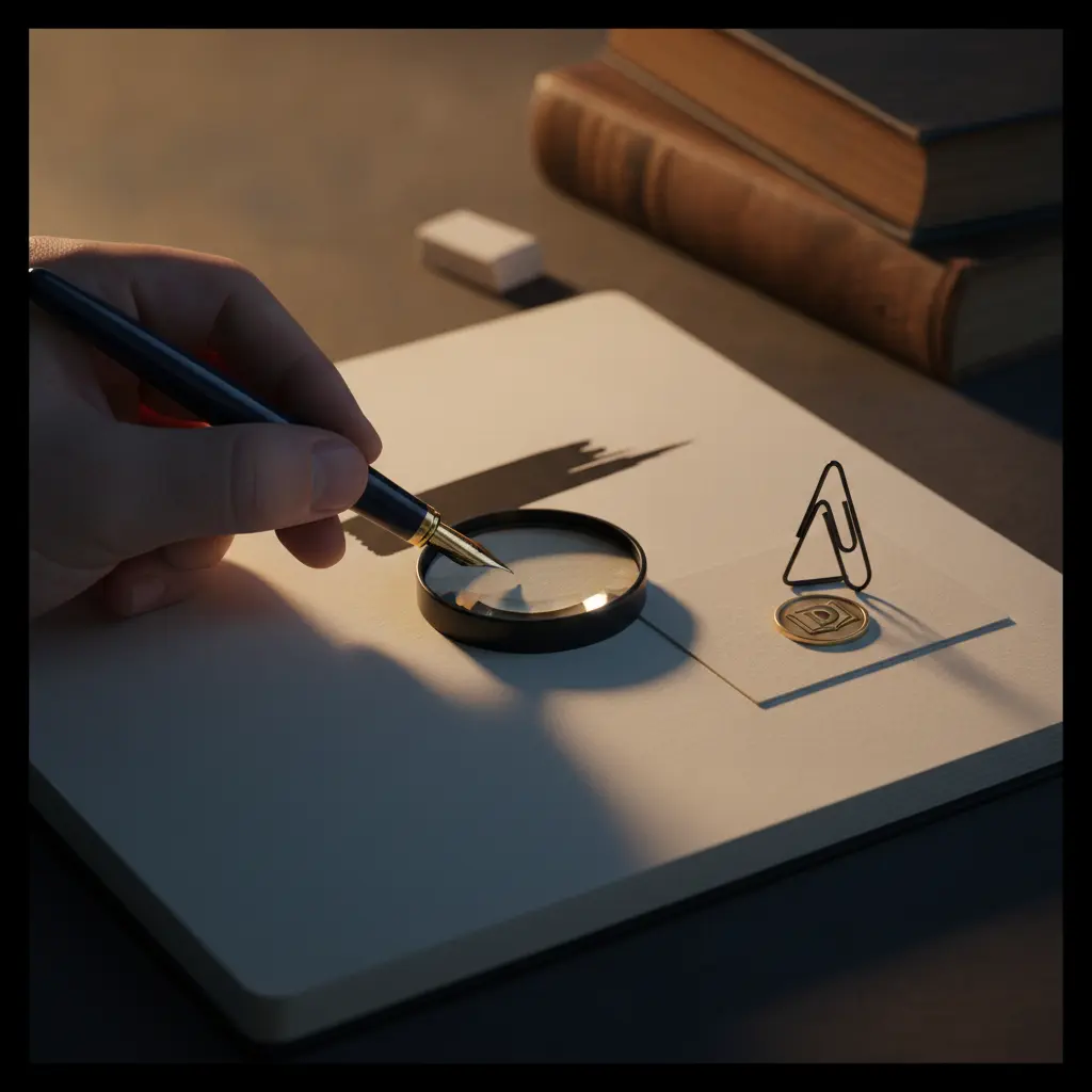 Close-up de mão com caneta sobre caderno, traço único simbolizando uma introdução que define conceito e afirma tese.