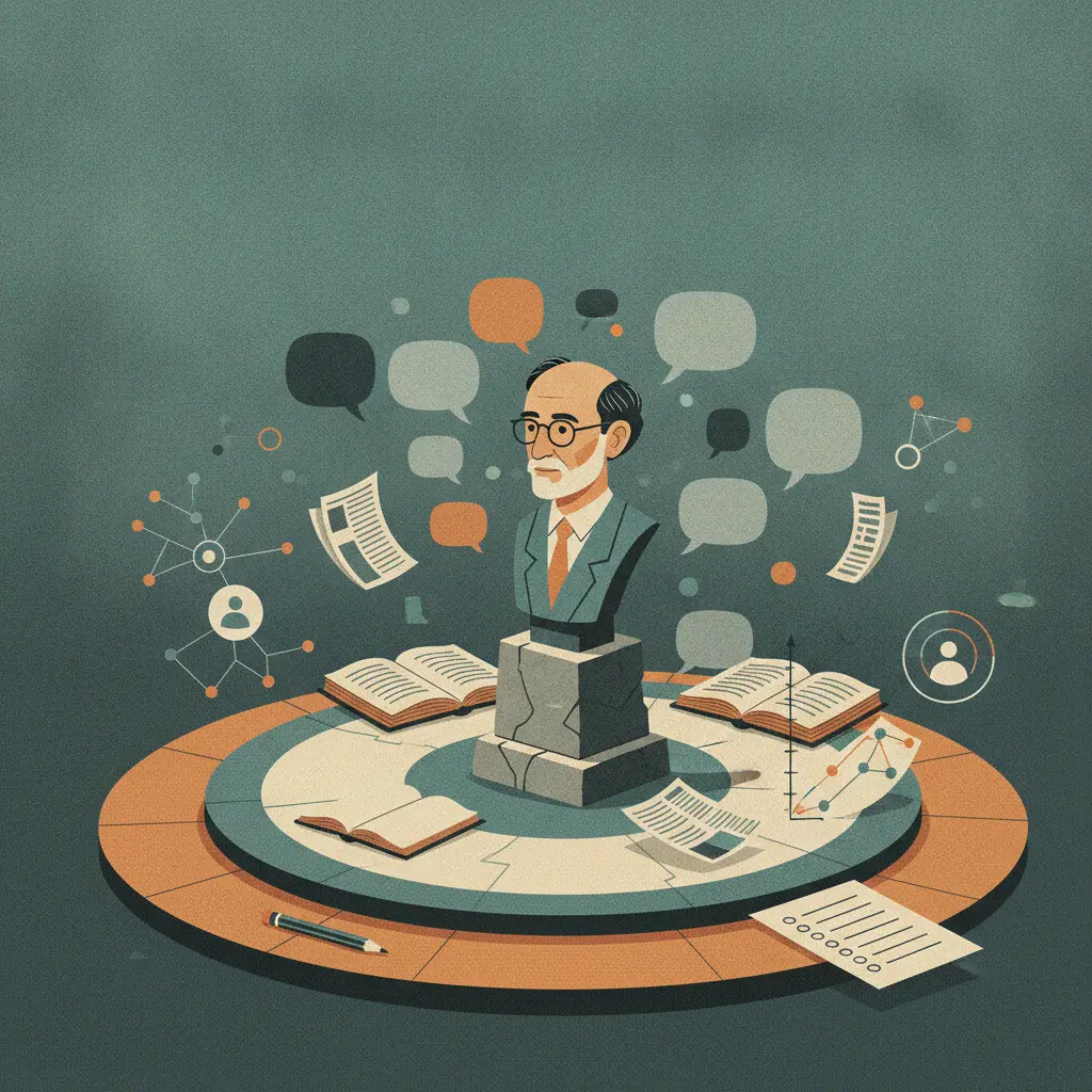 Ilustração editorial da esfera pública: busto estilizado de pensador cercado por jornais, livros, bolhas de fala vazias e gráficos sociais, em cores sóbrias.