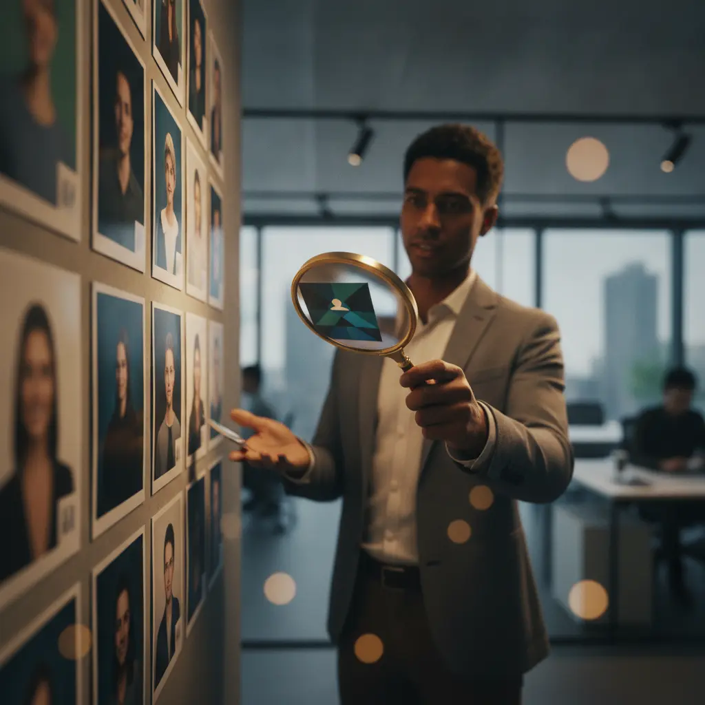 Recrutador examinando mural de fotos de candidatos com um perfil destacado, simbolizando ajuste do LinkedIn para ser encontrado.