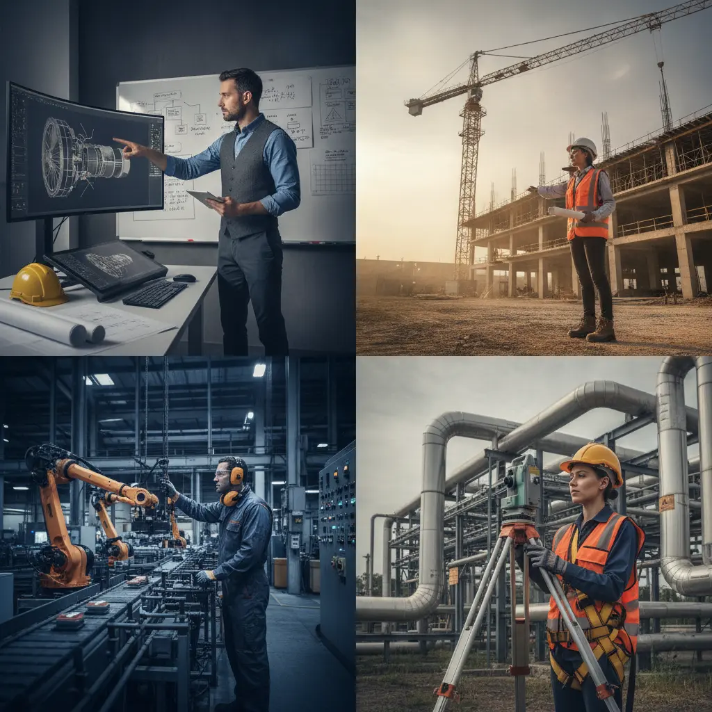 Colagem editorial com quatro ambientes de engenharia: escritório com CAD e plantas, obra com engenheiro de capacete, chão de fábrica com máquinas e campo/instalação com topógrafo.