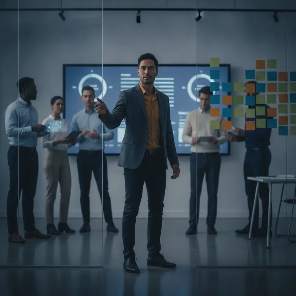 Gestor liderando equipe em frente a quadro Kanban e dashboard, em ambiente de escritório.
