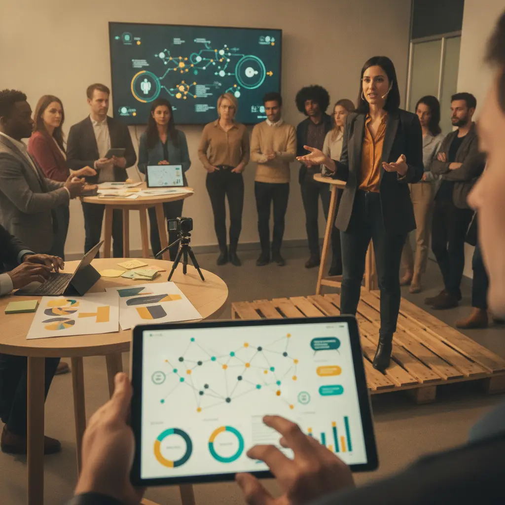 Gestora de comunidade em meetup de marketing, equipe interagindo com dashboards e visualizações de rede.