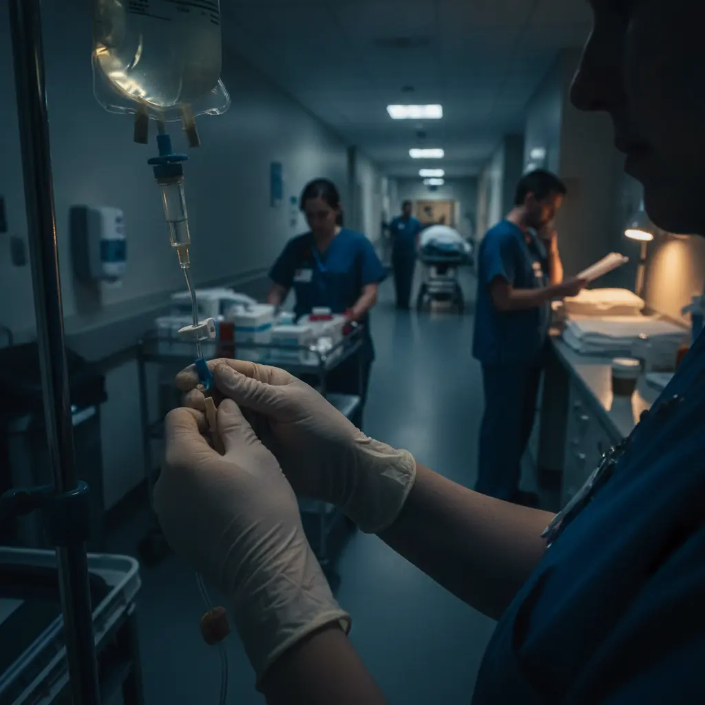 Profissionais de saúde em plantão noturno realizando tarefas rotineiras no corredor do hospital.