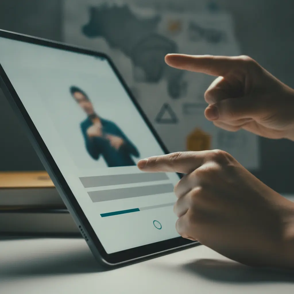Close-up de mãos em Libras diante de um tablet com interface abstrata de videoprova do Enem.