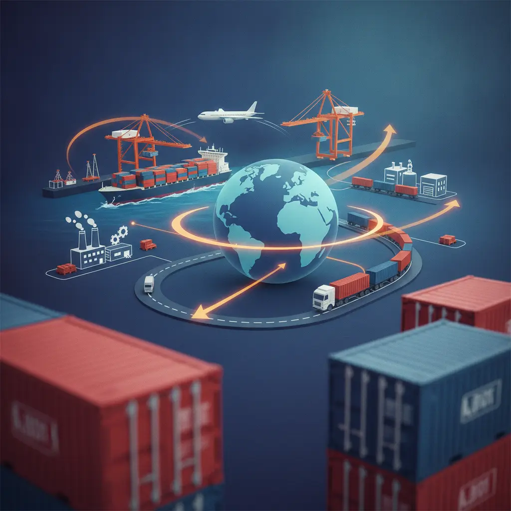 Globo ilustrado com rotas e modais (navio, avião, trem, caminhão) e containers, representando cadeias de suprimento e globalização.