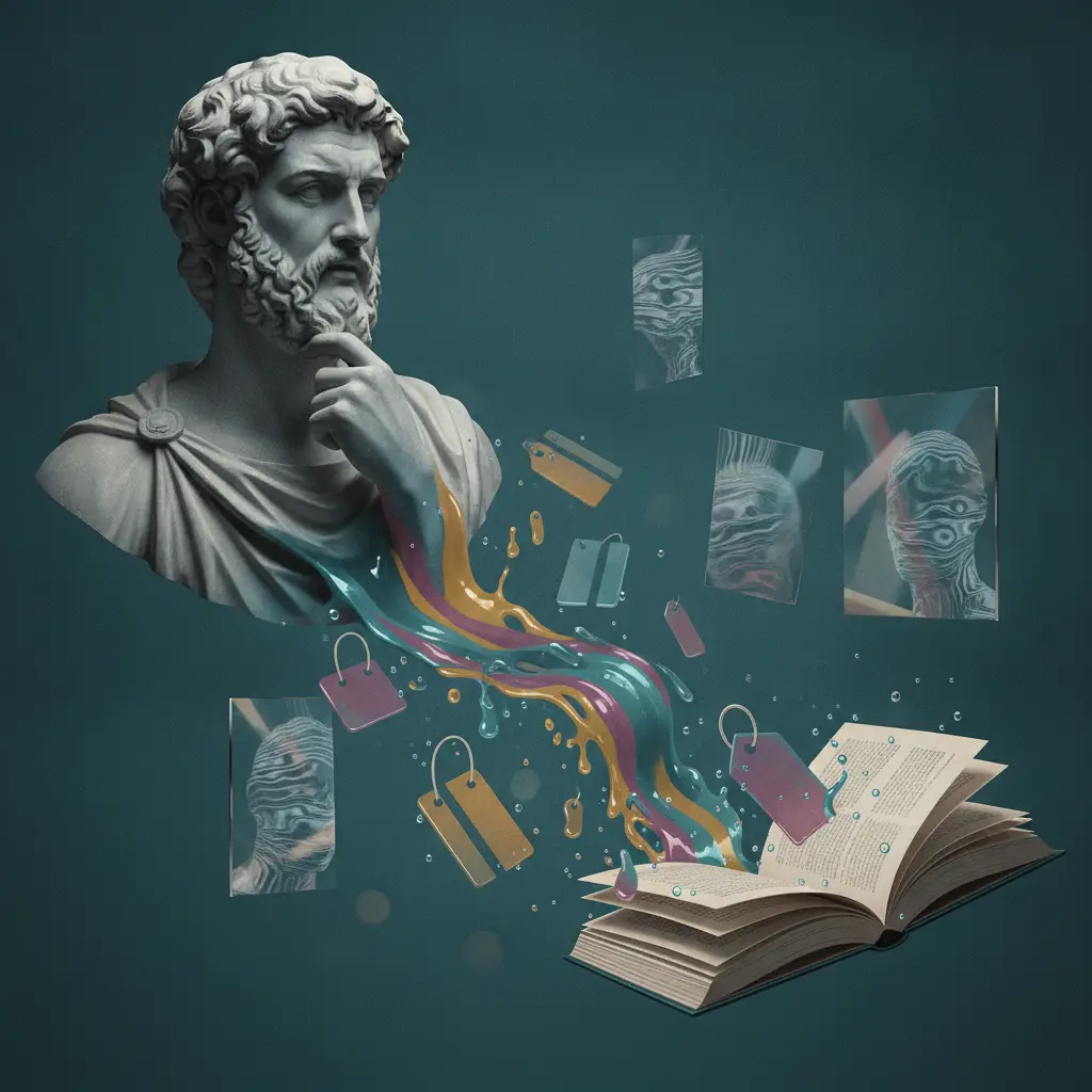 Ilustração editorial de um busto clássico derretendo em formas líquidas que se transformam em símbolos de consumo, com livros abertos e espelhos fragmentados refletindo silhuetas.