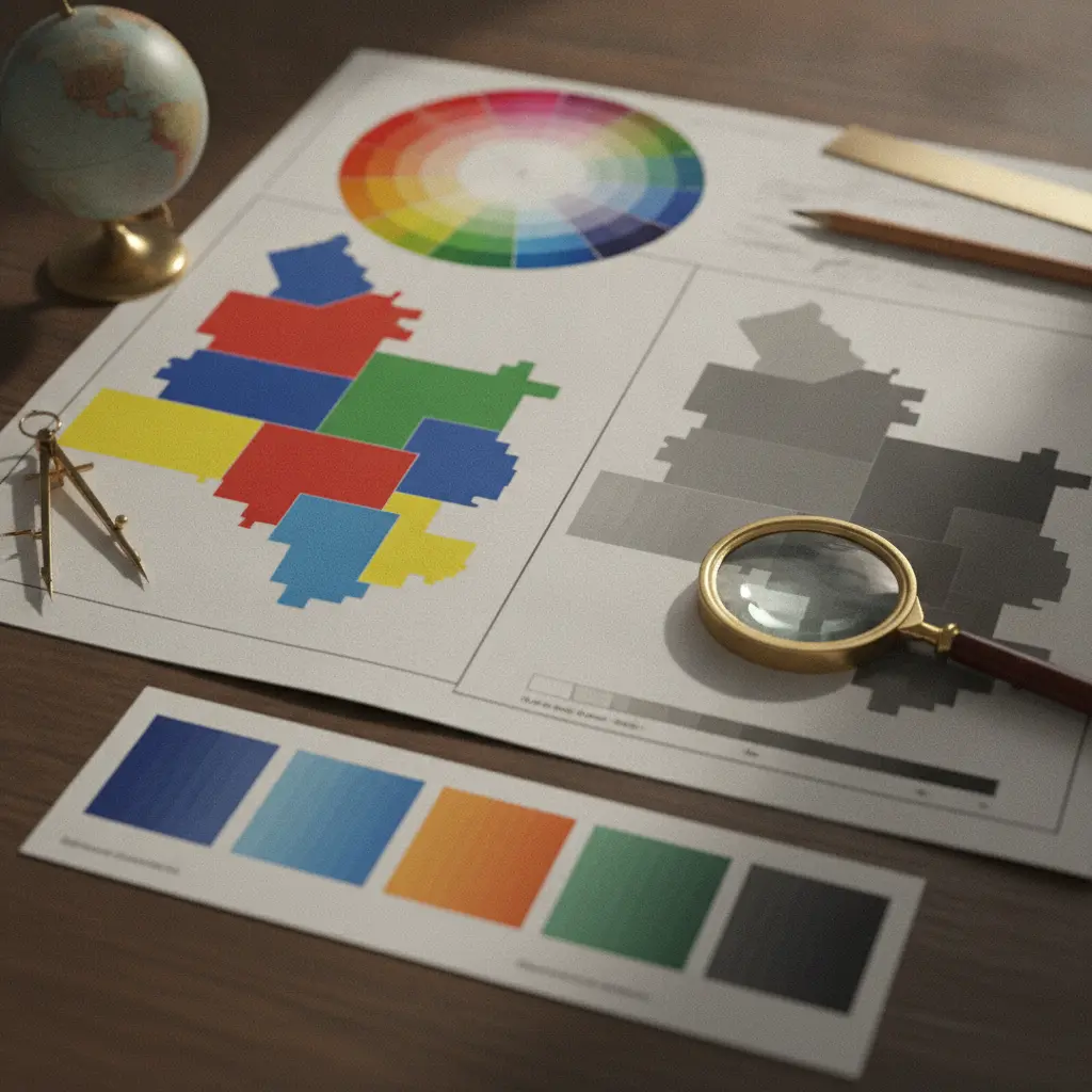Mesa com dois mapas temáticos lado a lado, paleta de cores, lupa sobre legenda sem números e um pequeno globo, comparando rampa de cores equivocada e correta.