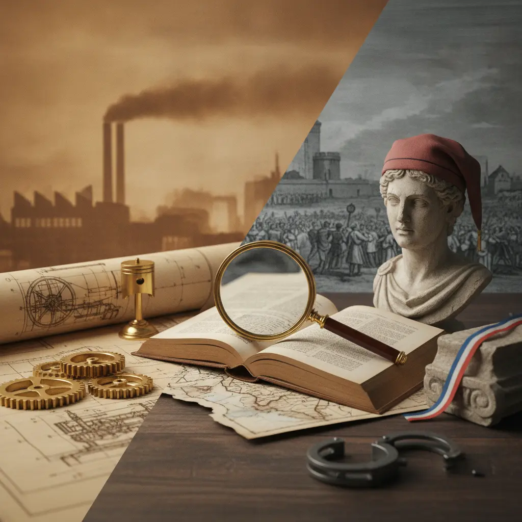 Ilustração editorial dividida: objetos da Revolução Industrial (engrenagens, planta de máquina a vapor, chaminés) à esquerda e símbolos da Revolução Francesa (busto com gorro frígio, fita tricolor, gravura da Bastilha) à direita, com livro aberto ao centro.