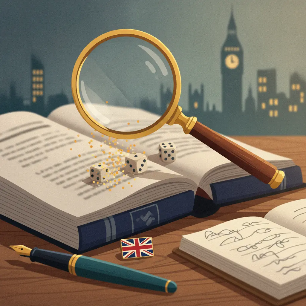 Ilustração editorial: livro de inglês aberto com lupa e dados simbolizando possibilidade, bandeira pequena e silhueta de Big Ben ao fundo.