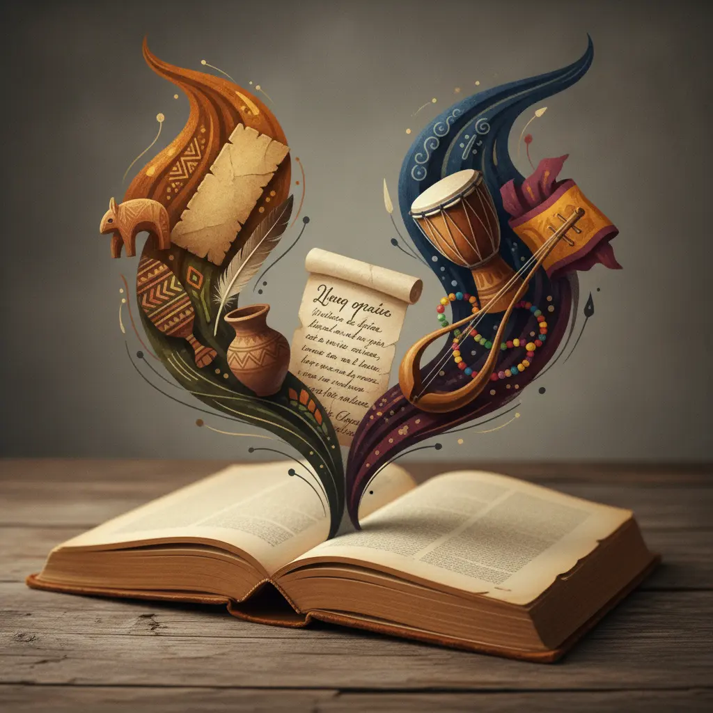 Livro aberto com motivos indígenas (padrões, pena, cerâmica) à esquerda e afro-brasileiros (atabaque, berimbau, contas) à direita fluindo das páginas.