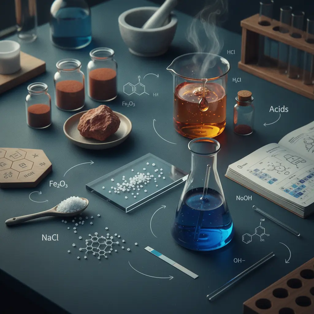 Bancada ilustrada com objetos representando funções inorgânicas: óxidos (pó), ácidos (frasco borosilicato), bases (solução azul) e sais (cristais), com fórmulas químicas discretas.