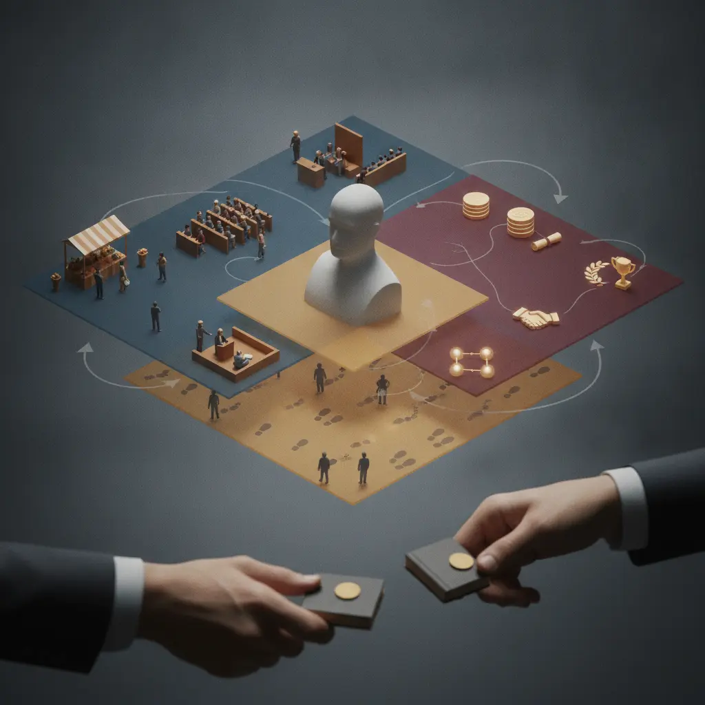Ilustração editorial conceitual de Bourdieu com planos representando habitus, campo e capitais, mostrando cenas sociais, ícones de capital e mãos trocando objetos, sem texto.