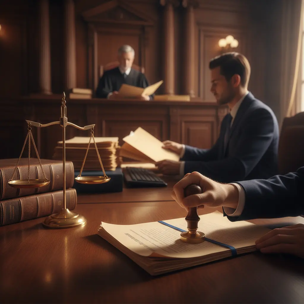 Funcionário do judiciário carimbando documento em mesa com balança e livros jurídicos, tribunal ao fundo.