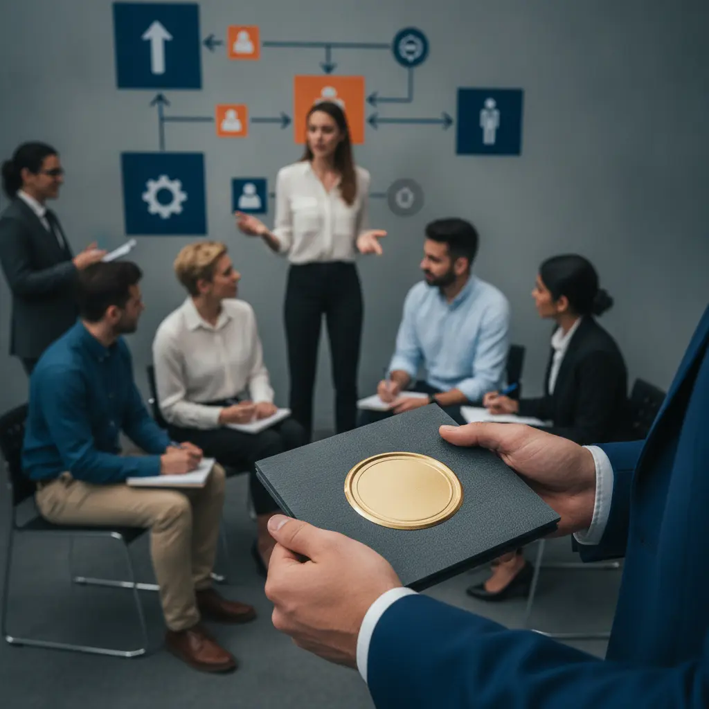 Mãos recebendo certificado em centro de carreira, com bootcamp ao fundo e recrutador conversando, ambiente profissional e diverso.