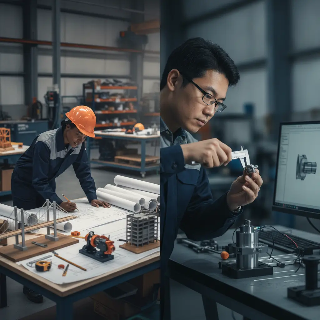 Cena dividida: à esquerda engenheiro generalista com plantas, maquetes e capacete; à direita especialista inspecionando peça com paquímetro e CAD na tela.