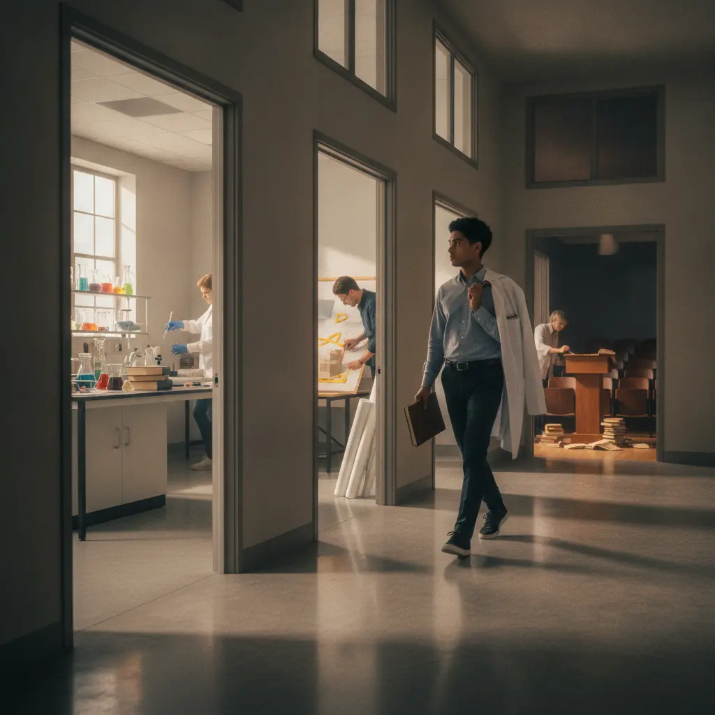 Estudante caminhando em corredor universitário observando portas para laboratório, estúdio de arquitetura e pequeno auditório, simbolizando testar cursos antes de decidir.