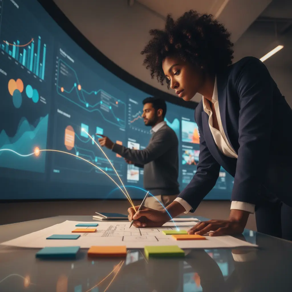 Estrategista de marketing desenhando campanha enquanto telas mostram automação e visualizações de IA, equipe trabalhando em escritório moderno.