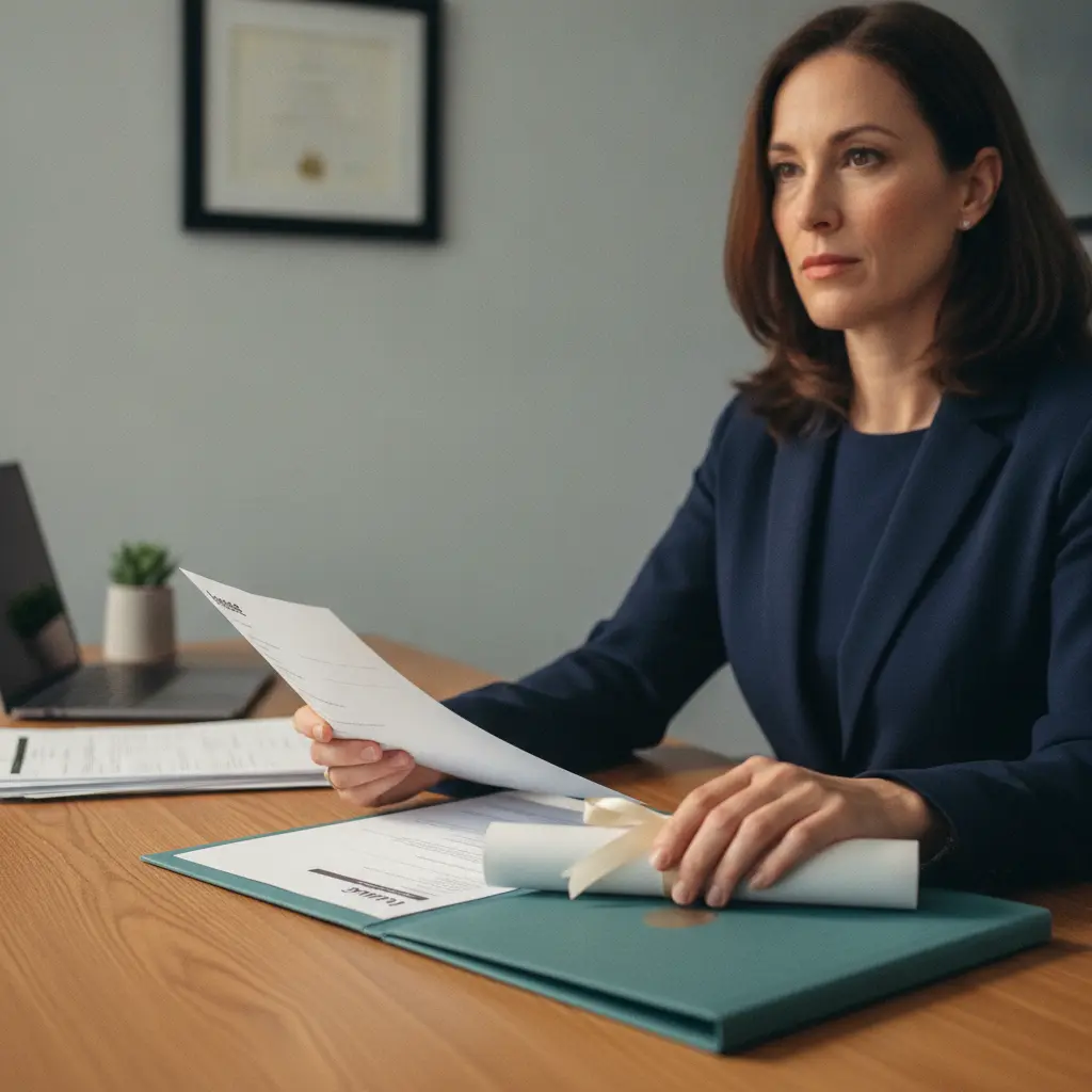 Recrutador analisando currículo ao lado de um diploma na mesa, simbolizando o peso da pós‑graduação no currículo.