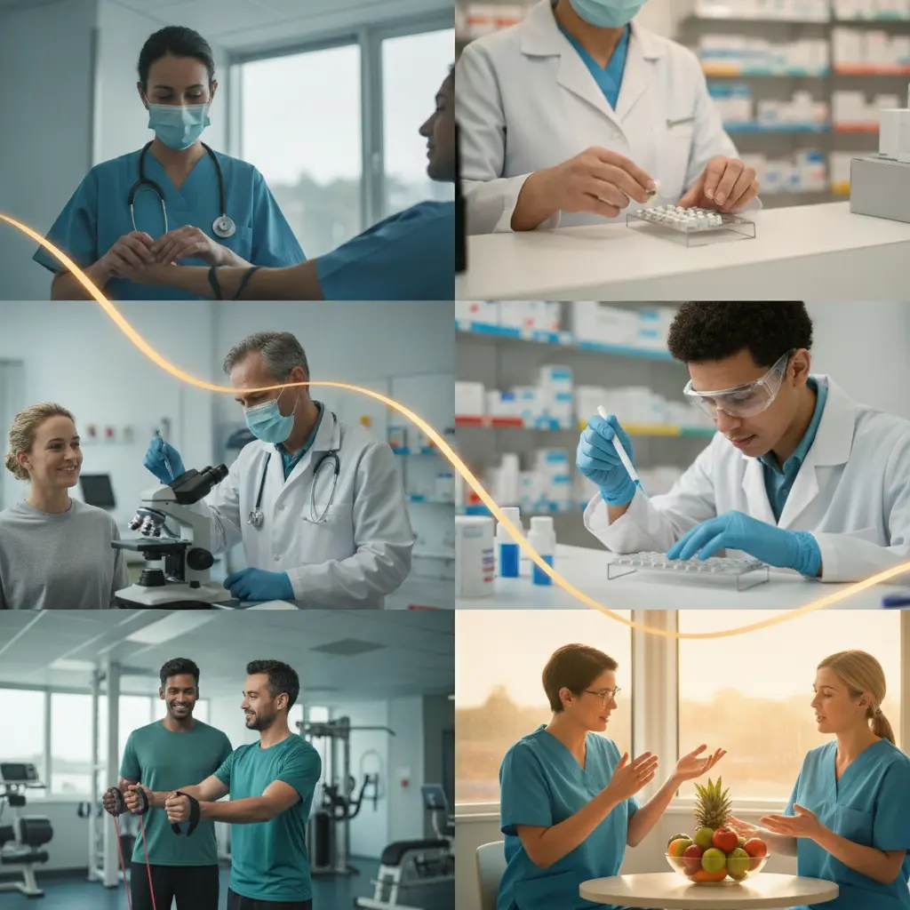 Montagem editorial fotográfica de profissionais da Saúde em ação: enfermagem, farmácia, laboratório, fisioterapia e nutrição, em ambientes reais e iluminação cinematográfica.