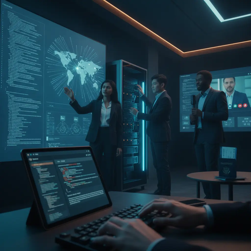 Equipe diversa em ambiente tech, monitores com código e mapa-múndi conectando vagas internacionais, mãos digitando, luz cinematográfica.