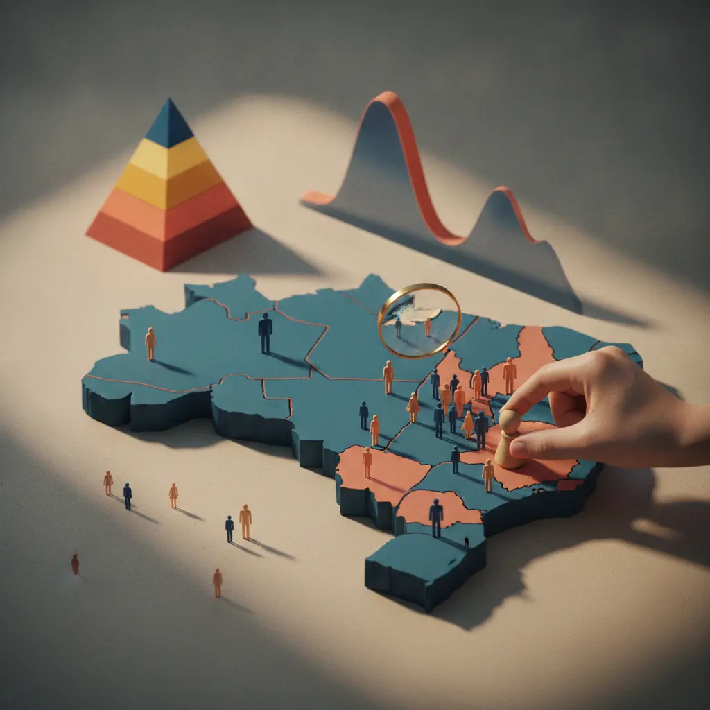 Ilustração editorial de um mapa do Brasil com pirâmide populacional, figuras representando faixas etárias e uma lupa destacando mudanças demográficas.