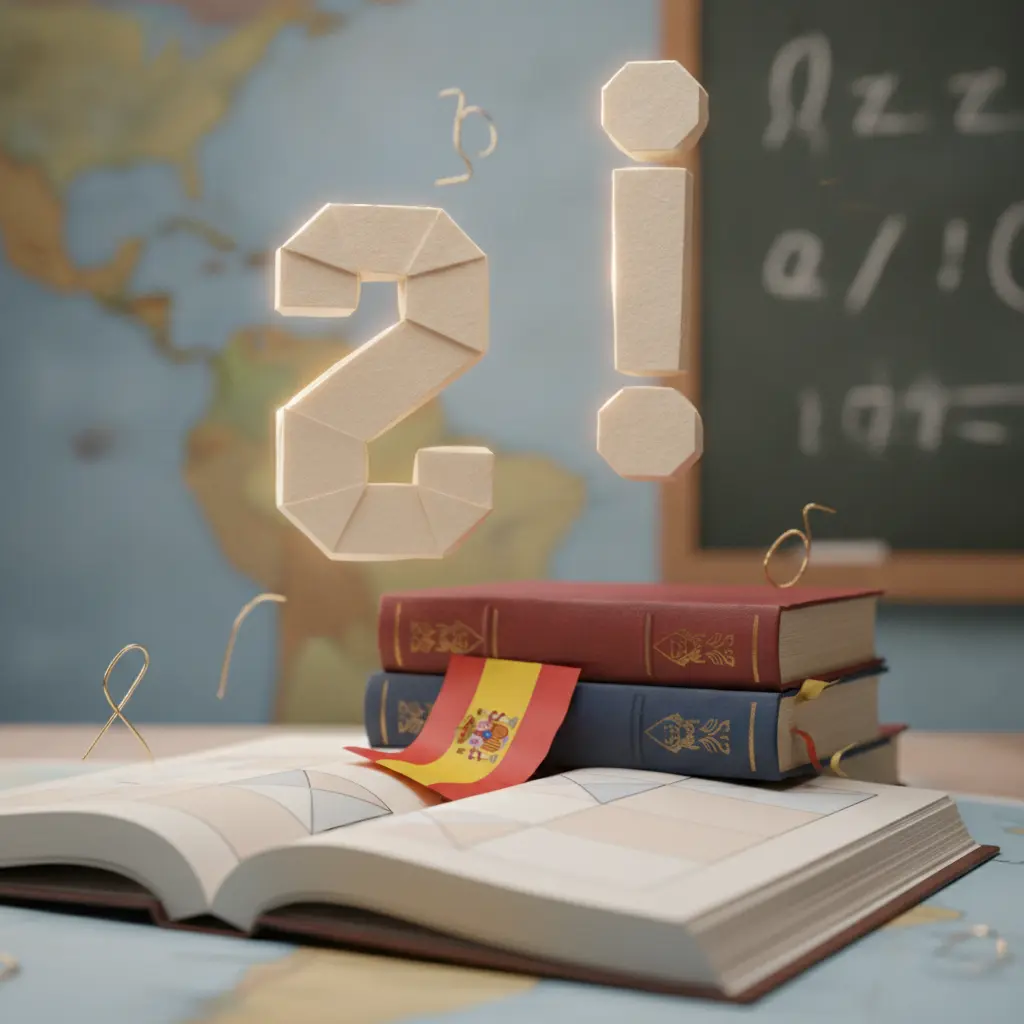 Ilustração editorial com os sinais invertidos ¿ e ¡ em 3D sobre livros de espanhol e mapa da Espanha/América Latina.