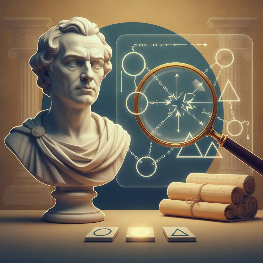 Ilustração editorial com busto de Kant, lupa sobre diagramas lógicos e opções de múltipla escolha estilizadas.
