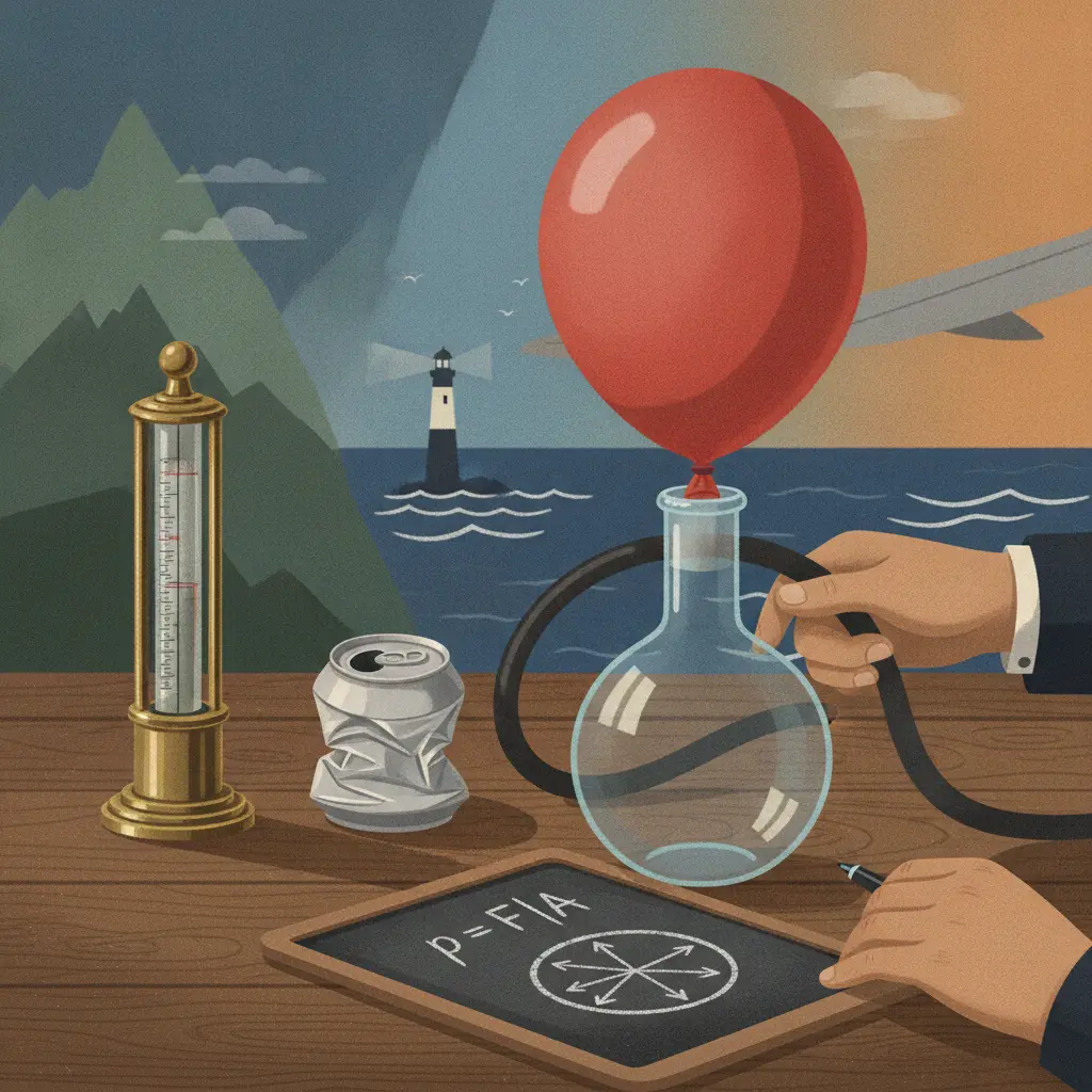 Ilustração editorial mostrando mãos realizando experimento com frasco selado e barômetro, com a equação p = F/A em um quadro e vinhetas de altitude e clima ao fundo.