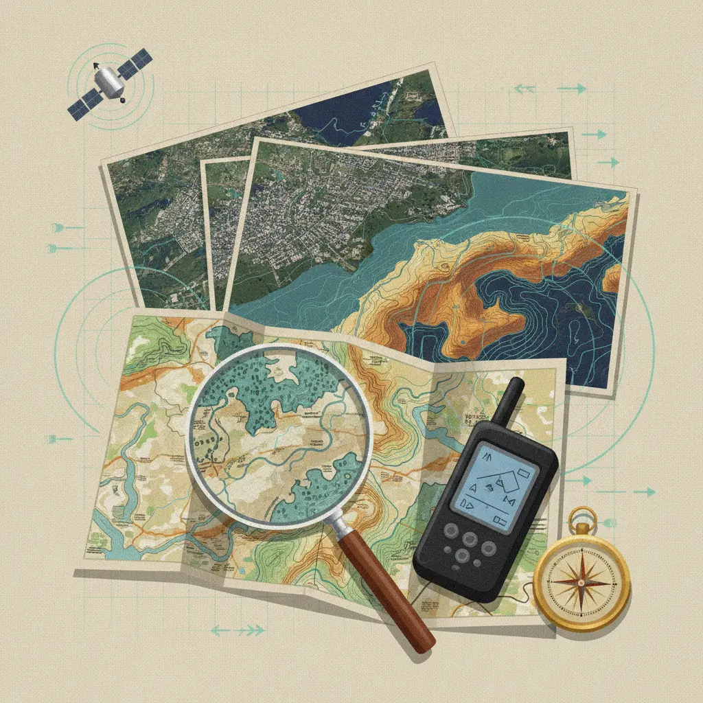 Ilustração editorial mostrando imagens de satélite, sobreposição de curvas de nível, grade de coordenadas, GPS portátil, bússola e lupa sobre mapa, sem textos.