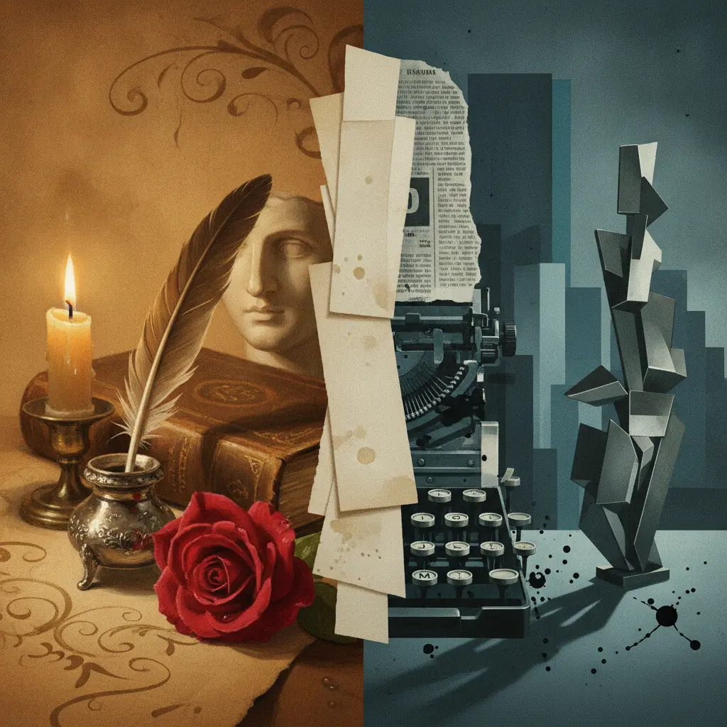 Capa ilustrativa dividida: símbolos do Romantismo (pena, livro, rosa) à esquerda e do Modernismo (colagem, formas geométricas, cidade) à direita, com páginas rasgadas no centro sugerindo confusão entre os movimentos.