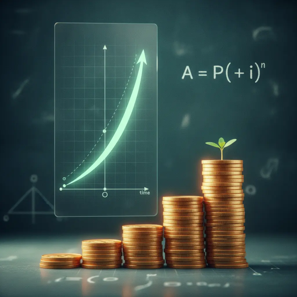Pilha de moedas em crescimento com curva exponencial num gráfico sem palavras e a fórmula A = P(1 + i)^n ao fundo.