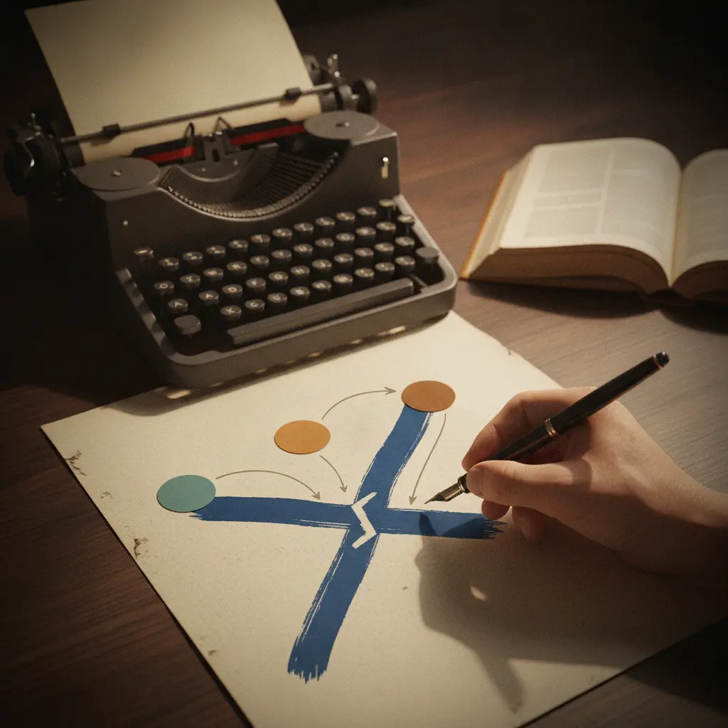 Cena editorial de estudo de Português: máquina de escrever, livros e mão escrevendo; três marcadores coloridos mostram pronome antes, depois e no meio do verbo.