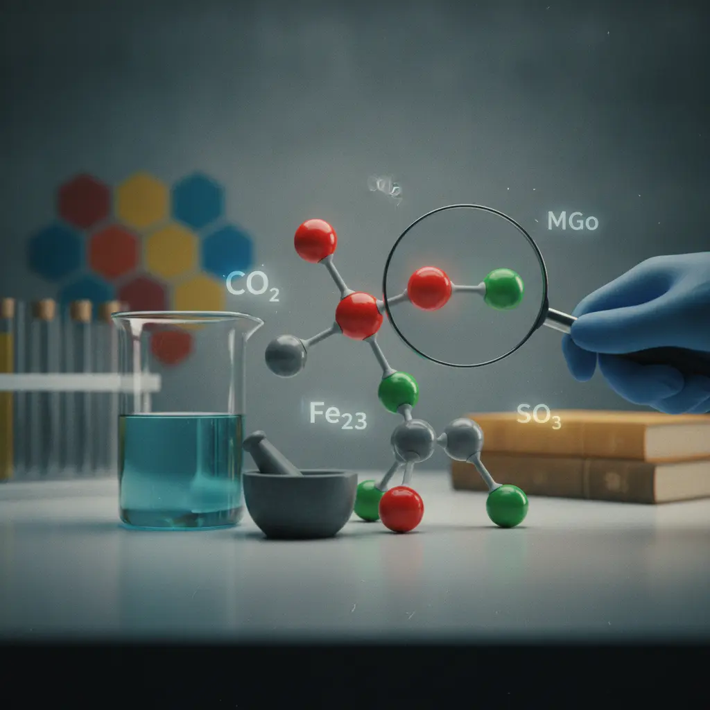 Bancada de laboratório ilustrada com modelo molecular de óxidos, lupa e fórmulas químicas (CO2, MgO, Fe2O3).