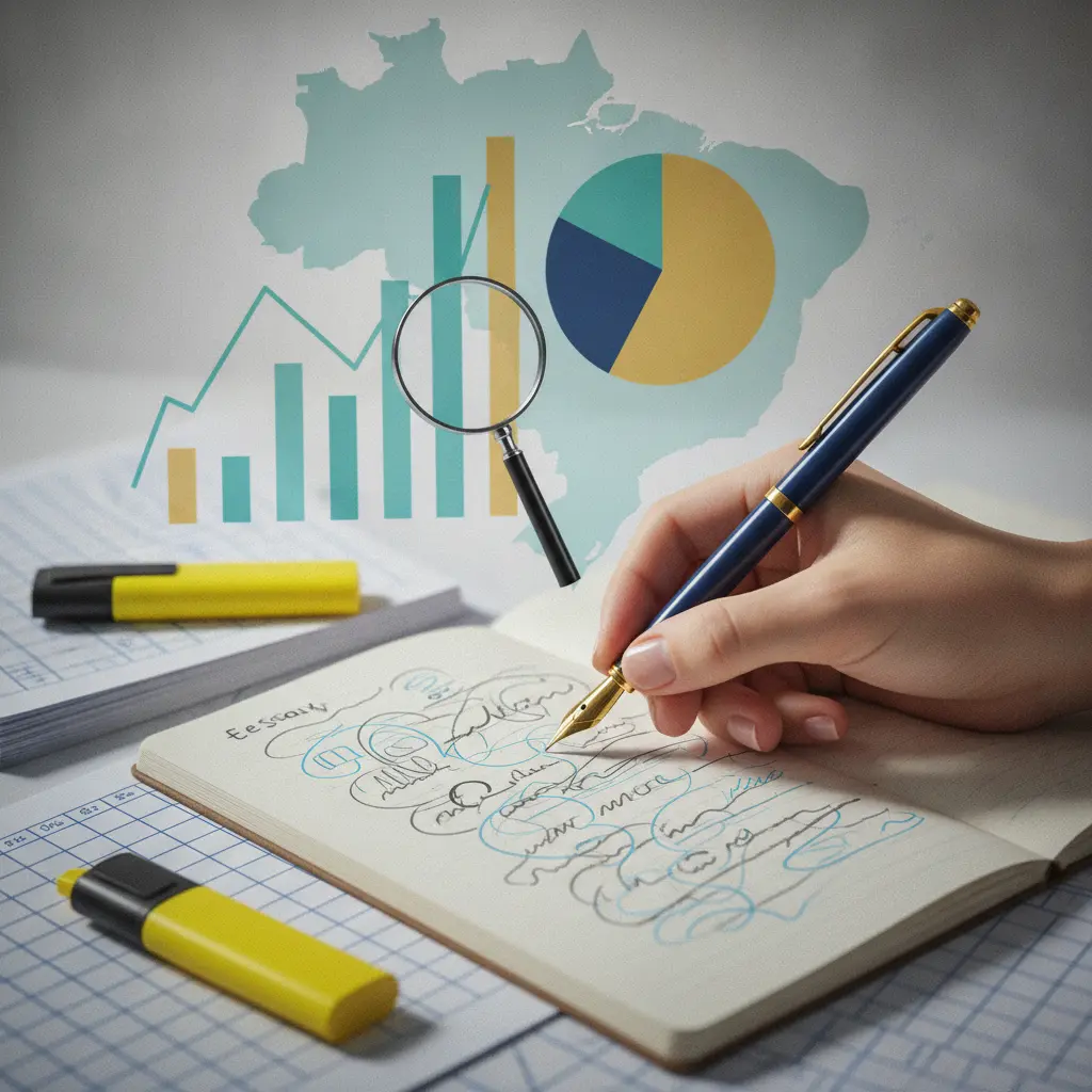 Mão escrevendo redação em caderno com gráficos e relatórios sobrepostos sem texto, lupa destacando estatísticas — alusão ao uso de dados do ENEM/INEP.