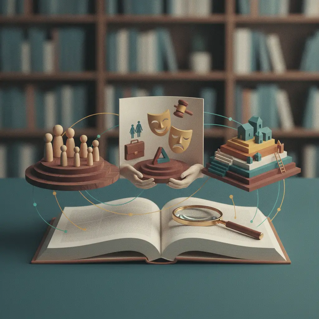 Ilustração editorial: livro aberto com uma diorama simbólica mostrando pedestal com figuras (status), máscaras e objetos (papel) e camadas de cidade em degraus (estratificação).