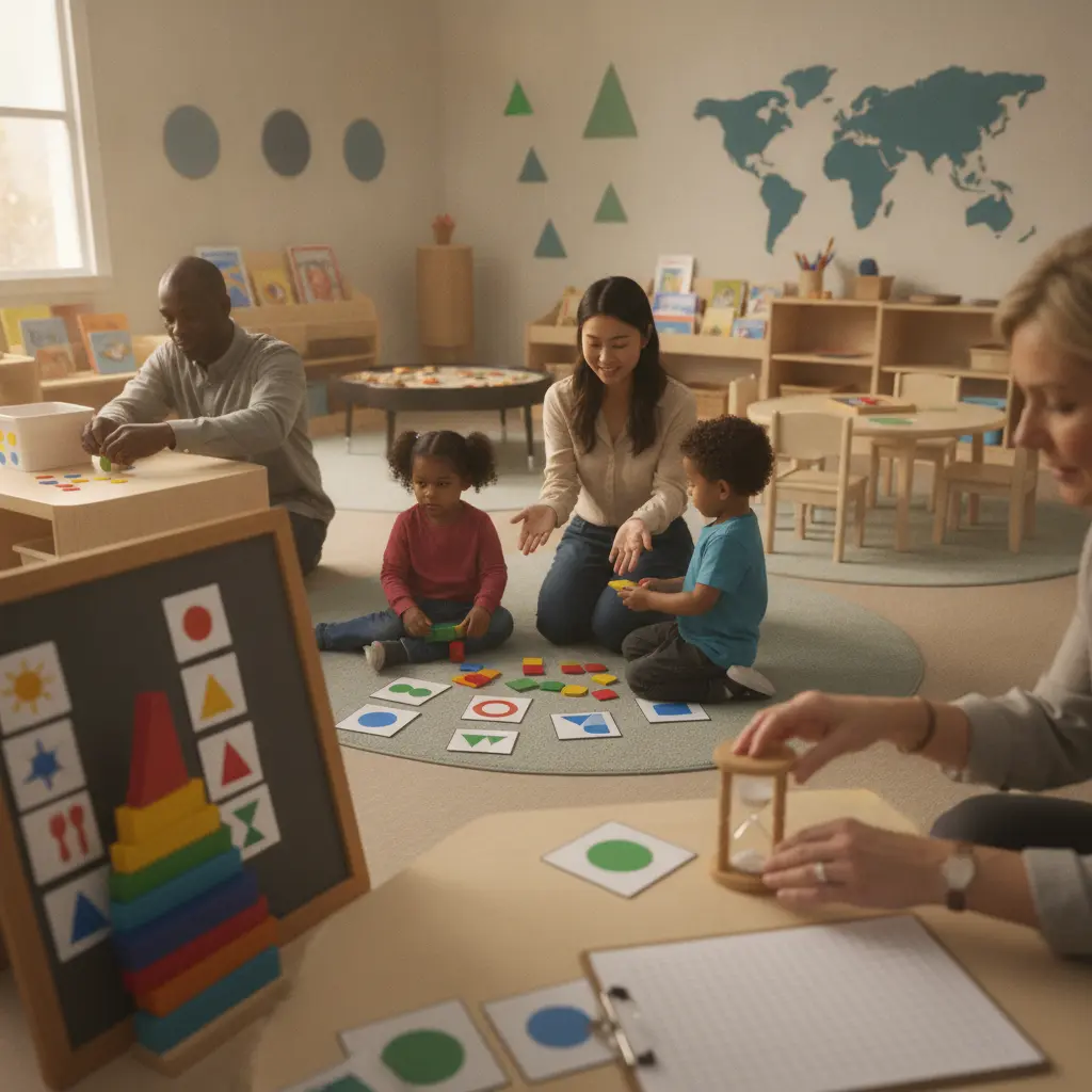 Educadores em sala de educação infantil organizando atividades e rotina técnica para crianças.