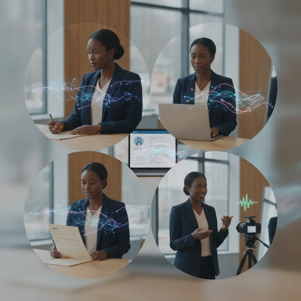 Pessoa profissional em ambiente de trabalho usando IA de forma ética para revisar currículo, ajustar perfil do LinkedIn e praticar entrevista, com close-up nas mãos, laptop com visualização abstrata da IA e pessoa praticando em frente a câmera.