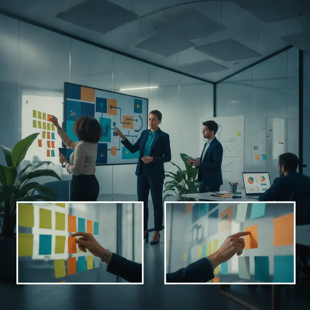 Gestor de produto apresentando roadmap digital enquanto equipe movimenta post-its, esboça wireframes e analisa dashboards em escritório moderno.